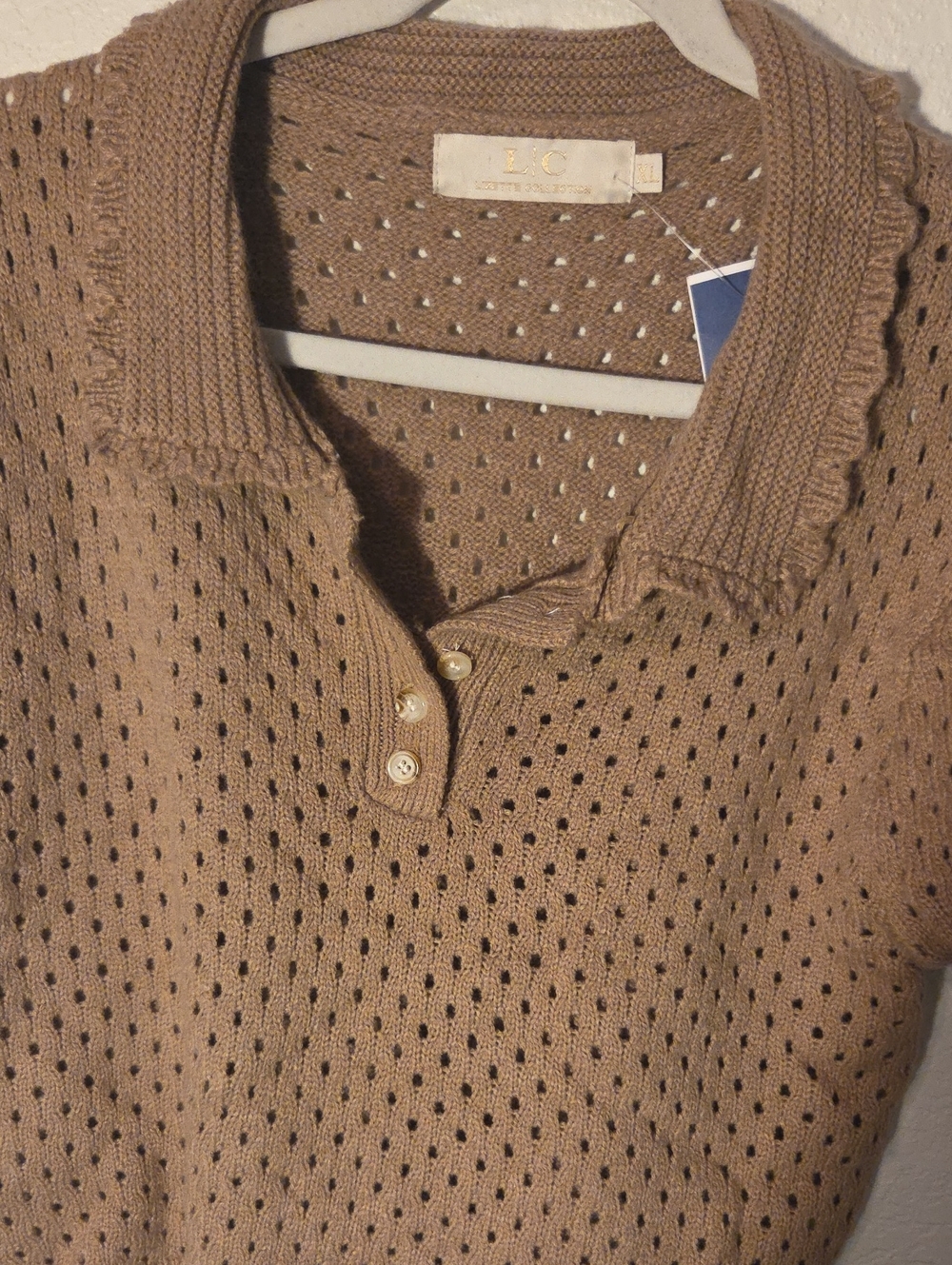 Open-Knit Polo Sweater in Warm Taupe